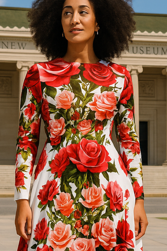 Rose Bouquet - Long Sleeve Garden Midi Dress