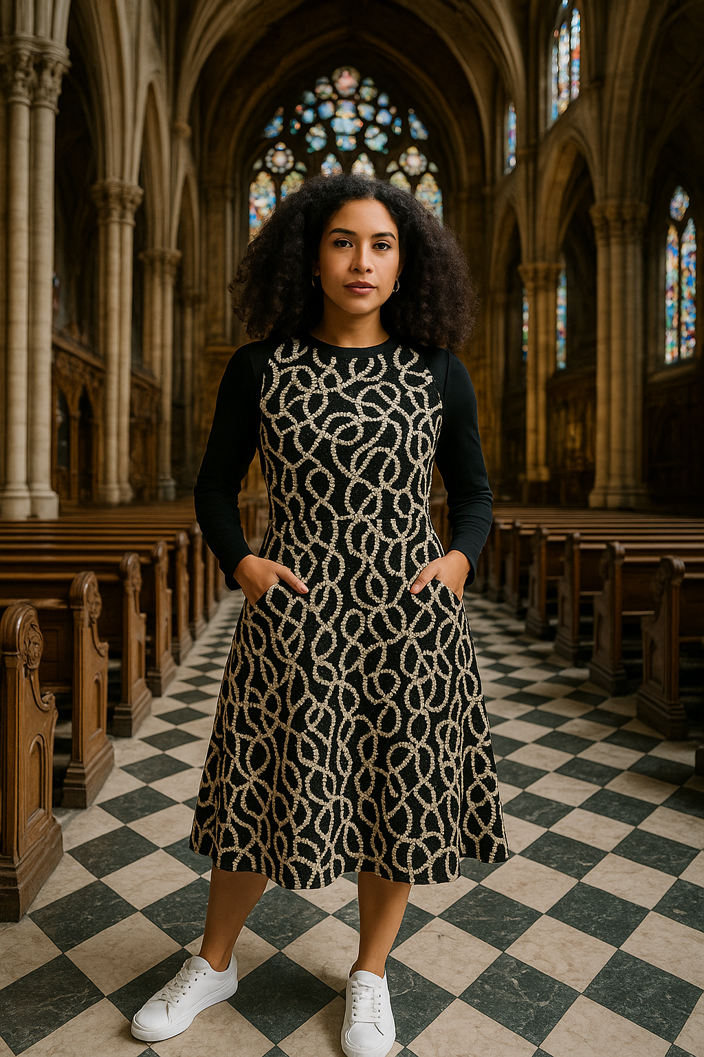 Stringed Pearl -  Long Sleeve Midi Dress