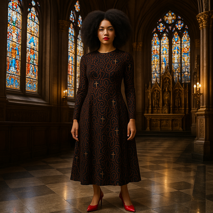 Red Rosary - Long Sleeve Midi Dress