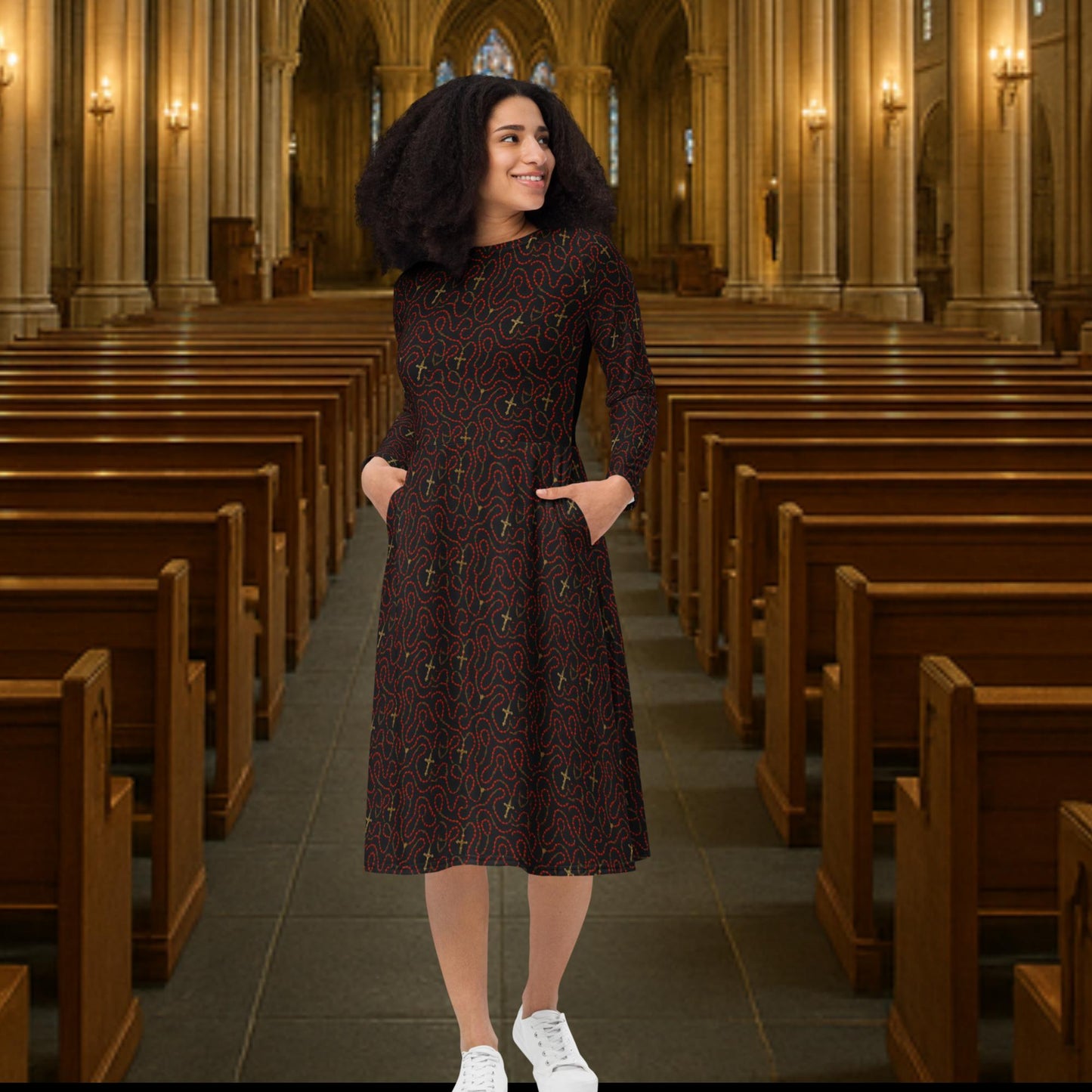 Red Rosary - Long Sleeve Midi Dress