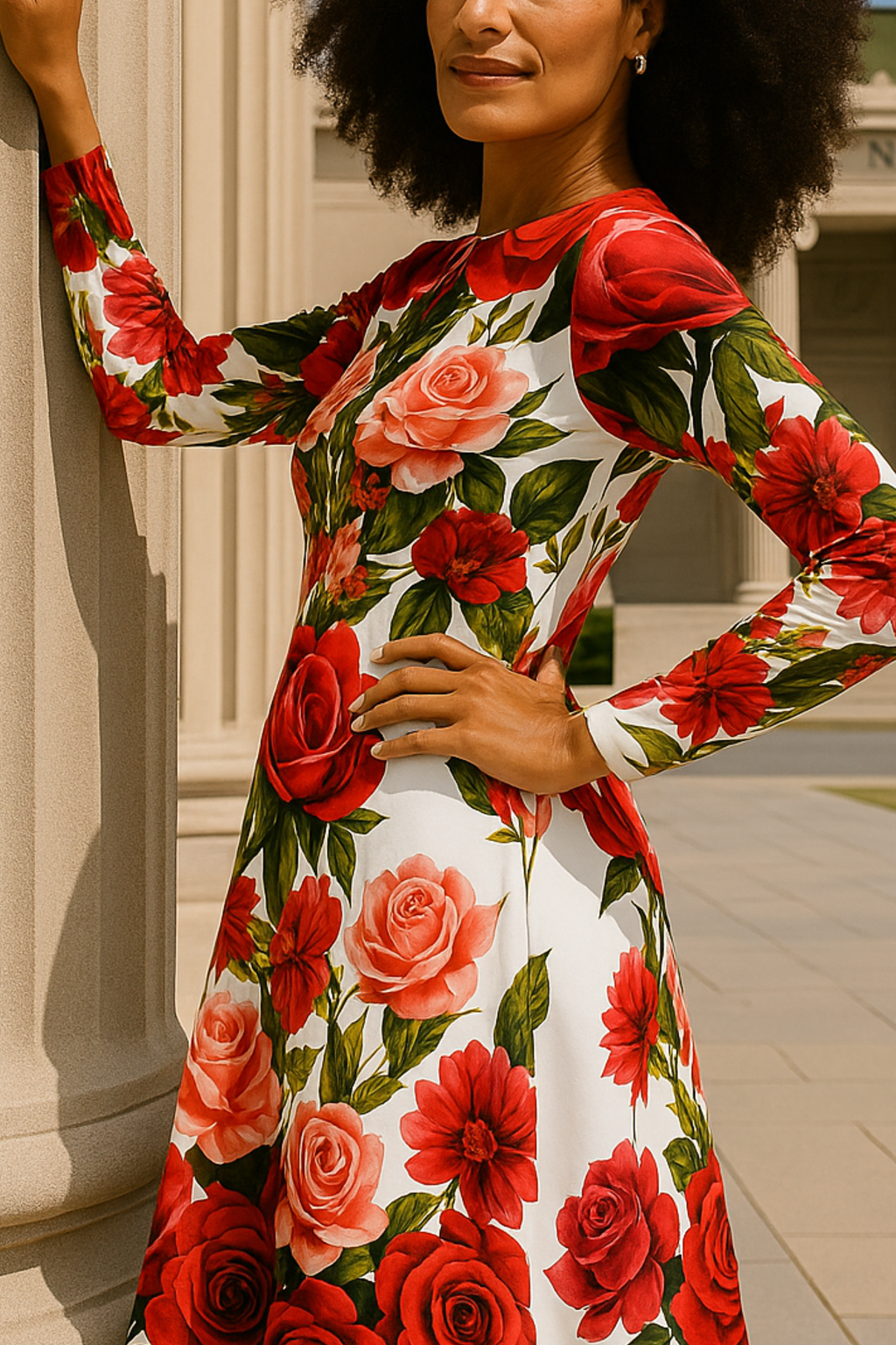 Rose Bouquet - Long Sleeve Garden Midi Dress