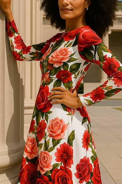 Rose Bouquet - Long Sleeve Garden Midi Dress