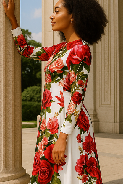Rose Bouquet - Long Sleeve Garden Midi Dress